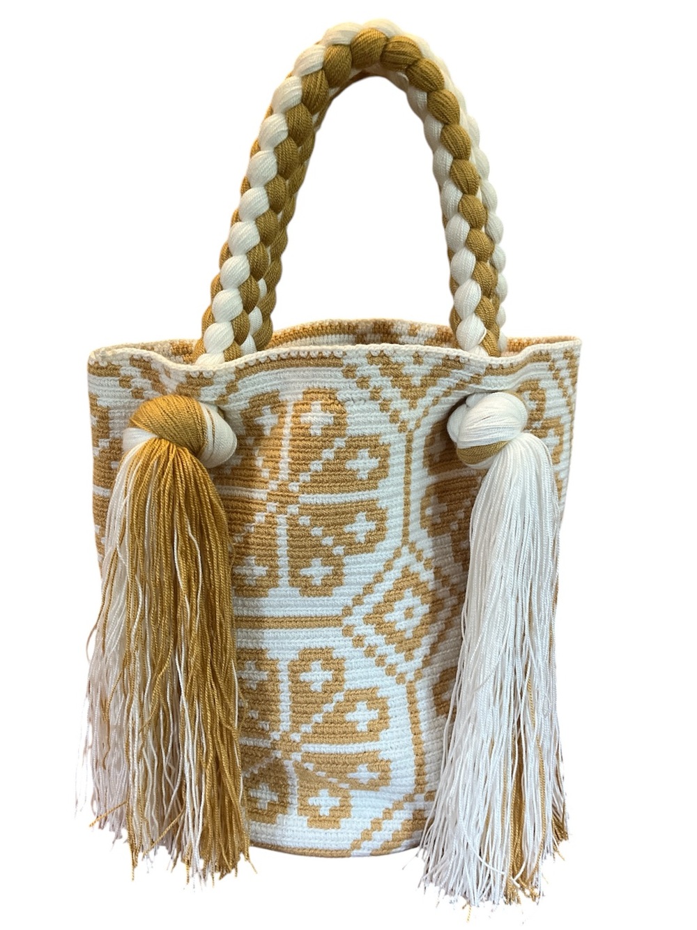 Wayuu Mochila bag Handwoven Tote Bag Cream & Mustard floral & Tassel design. - Picture 3 of 12